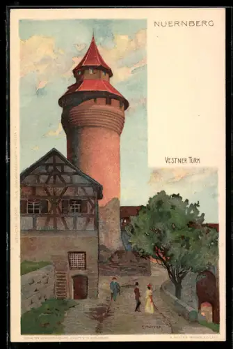 Künstler-Lithographie Karl Mutter: Nürnberg, Partie am Vestner Turm