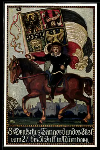 Künstler-AK Nürnberg, 8. Deutsches Sänger Bundes Fest, 1912, Herold zu Pferde