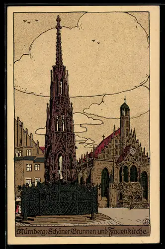 Steindruck-AK Nürnberg, Schöner Brunnen und Frauenkirche