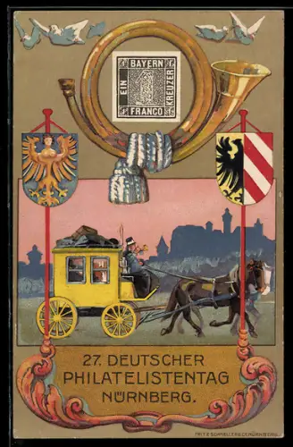 AK Nürnberg, 27.Deutscher Philatelistentag 1921, Postkutsche, Wappen
