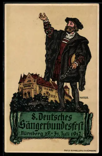Künstler-AK Nürnberg, 8. deutsches Sängerbundesfest 1912, Sänger mit Mandoline
