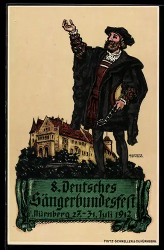 Künstler-AK Nürnberg, 8. deutsches Sängerbundesfest 1912, Sänger mit Mandoline