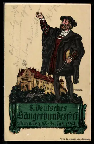 Künstler-AK Nürnberg, 8. deutsches Sängerbundesfest 1912, Sänger mit Mandoline