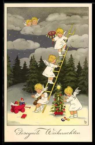 Künstler-AK Lia Döring: Weihnachten, Engel klettern von der Himmelsleiter mit Geschenken
