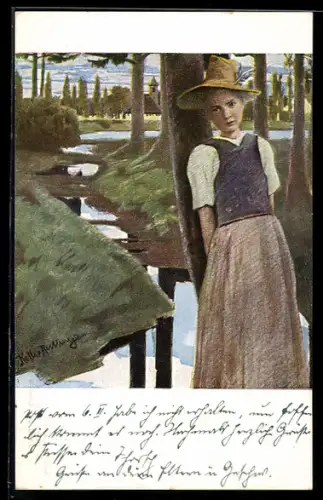 Künstler-AK G. Hirth`s Verlag, Serie III: Junges Mädchen am Ufer der Die Amper