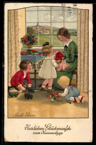 Künstler-AK Pauli Ebner: Frau mit spielenden Kindern, Glückwunsch zum Namenstag