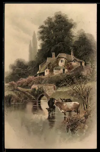 Künstler-AK Meissner & Buch (M&B) Nr. 1276: Ortsansicht mit altem Haus und Rindern am Flussufer