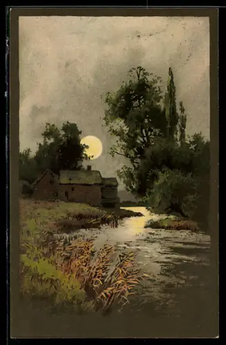 Künstler-AK Meissner & Buch (M&B) Nr.1368: Fluss in schöner Landschaft mit Sonnenuntergang