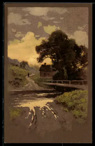 Künstler-AK Meissner & Buch (M&B) Nr.1368: Übergang eines Fluss in der Abenddämmerung