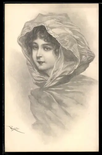 Lithographie Theo Stroefer Ser. 264 Nr. 4: Mädchen mit violettem Kopftuch