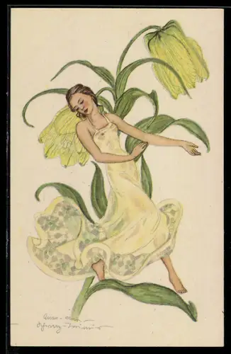 Künstler-AK Schwarz-Torino: Mädchen im transparenten Kleid tanzt auf einer Blume, Jugendstil