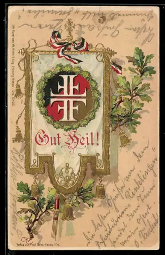 Lithographie Gut Heil, Motto und Turner-Signet mit Eichenlaub