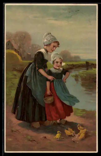 Künstler-AK Meissner & Buch (M&B) Nr.1375: Mädchen in Tracht füttern Küken