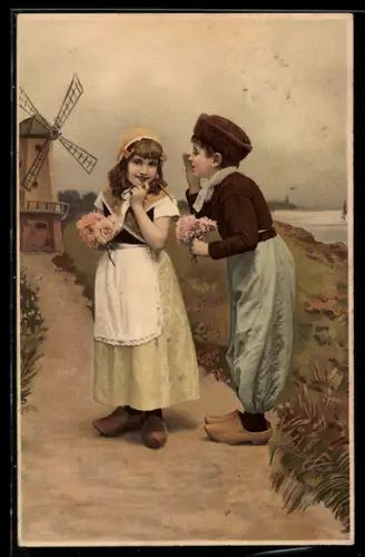 Künstler-AK Meissner & Buch (M&B) Nr. 1437: Ein glückliches Paar, Holzschuhe, Windmühle