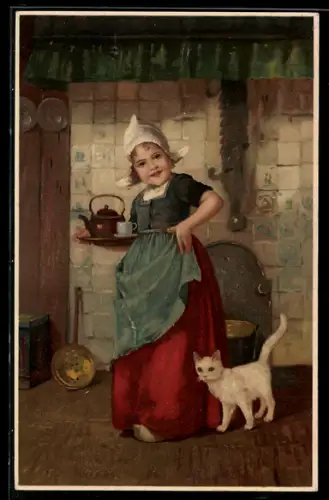 Künstler-AK Meissner & Buch (M&B) Nr. 1375: Von Haus und Herd, Mädchen mit Teekanne und weisser Katze