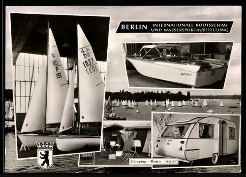 AK Berlin, Internationale Bootsschau und Wassersportausstellung, Segelboote, Schnellboot, Campingwagen