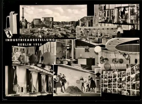 AK Berlin, Industrieausstellung 1958, Messegelände, Wappen, Ausstellungshallen Holland, England u. USA, Innenansicht