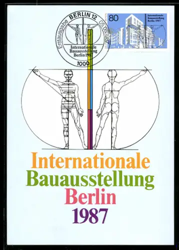 Künstler-AK Berlin, Internationale Bauausstellung 1987, Mensch, Vorder- und Rückansicht