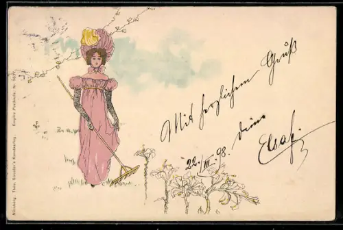 Künstler-AK Theo Stroefer Serie Nr. 5537: Dame mit Harke im Garten, Jugendstil
