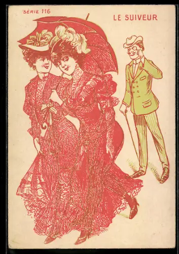 Anaglyphen-AK Mann beobachtet zwei spazierende Damen mit und ohne Kleidung