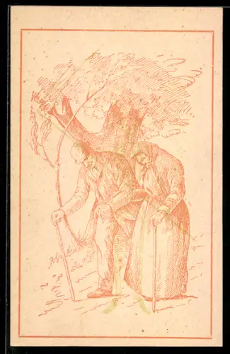 Anaglyphen-AK Altes Paar beim Spaziergang, Skelett mit Sense