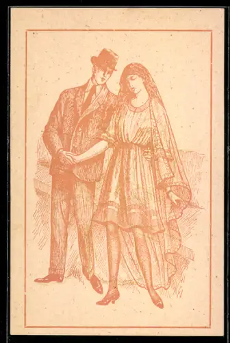 Anaglyphen-AK Stehendes junges Paar vor sitzendem alten Paar