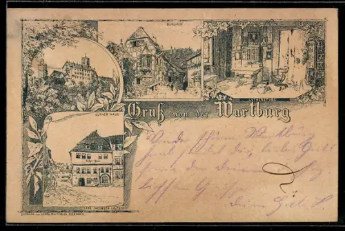 Vorläufer-Lithographie Ganzsache PP9 F101 /03: Eisenach, 1892, Wartburg, Luther-Haus, Lutherstube