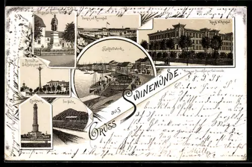 Lithographie Swinemünde, König Wilhelmbad, Fischbollwerk und Denkmal Kaiser Wilhelm