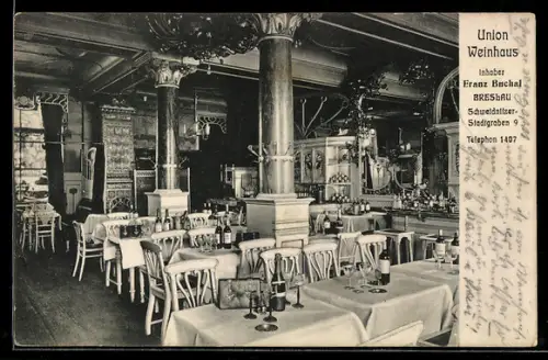 AK Breslau, Union Weinhaus, Inh. Franz Buchal, Schwiednitzer-Stadtgraben 9, Innenbereich für Gäste