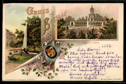 Lithographie Breslau, Liebich`s Höhe, Fontäne