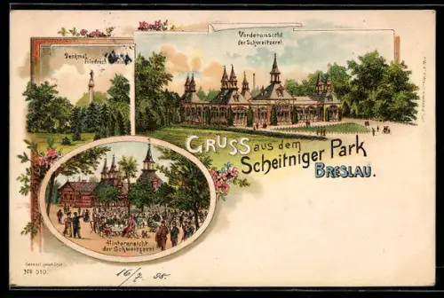 Lithographie Breslau, Denkmal Friedrich Wilhelm, Vorder- und Hinteransicht der Schweitzerei