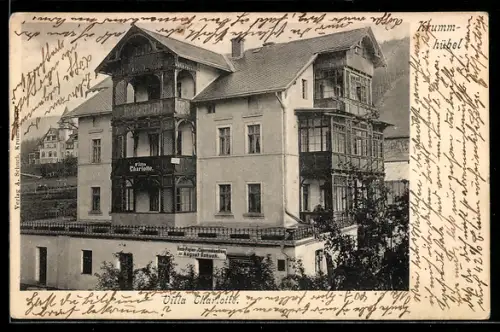 AK Krummhübel, Hotel Villa Charlotte, Aussenansicht mit Cigarrengeschäft von August Schuch