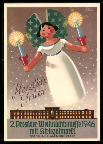 AK Dresden, 2. Dresdener Weihnachtsmesse 1946 mit Striezelmarkt, Stadthalle am Nordplatz