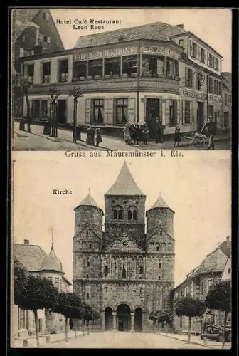AK Maursmünster i. Els., Hotel-Café Leon Roos, Ansicht der Kirche