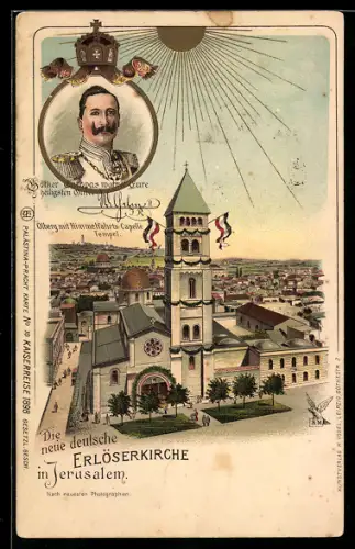 Lithographie Jerusalem, Ölberg m. Himmelfahrts-Capelle & Tempel, Erlöserkirche, Kaiser Wilhelm II.