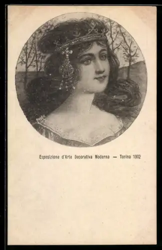 AK Torino, Esposizione d`arte Decorativa Moderna 1902, Jugendstil-Portrait