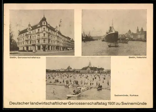 AK Swinemünde, Dt. Landwirtschaftlicher Genossenschaftstag 1931, Genossenschaftshaus, Kurhaus, Hafenbild, Dampfer