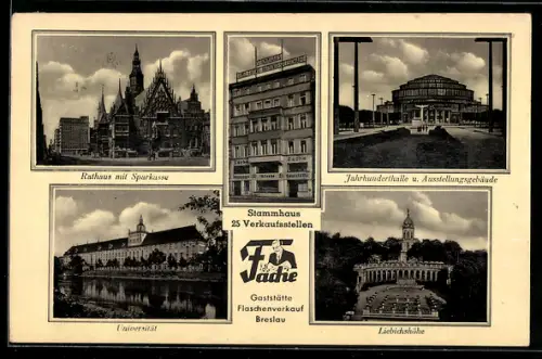 AK Breslau, Rathaus mit Sparkasse, Jahrhunderthalle und Ausstellungsgebäude, Universität, Liebichshöhe