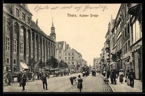 AK Thorn-Torun, Kulmerstrasse, Strassenbahn, Passanten, Kaufhaus M.S. Leiser