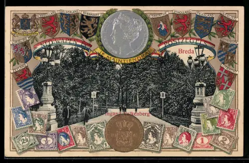 AK Breda, Ingang Valkenberg, Briefmarken und Wappen