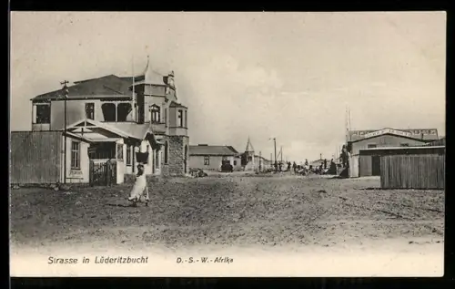 AK Lüderitzbucht /D.-S.-W.-Afrika, Strasse in Lüderitzbucht mit Geschäft