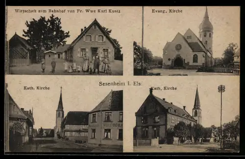 AK Sesenheim i. Els., Gasthaus zum Bahnhof von Fr. Wwe. Karl Kuntz, Kath. Kirche, Evang. Kirche