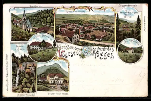 Lithographie Rothau, Donon Hôtel Velleda, Salm-Restauration, Strutthof-Restauration