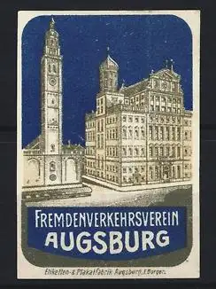 Reklamemarke Augsburg, Fremdenverkehrsverein, Rathaus und Perlachturm