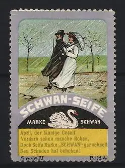 Reklamemarke Schwan-Seife, Paar beim Spaziergang im Regen, Marke Schwan