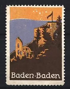 Reklamemarke Baden-Baden, Ruinen und Burg, Landschaft bei Sonnenuntergang