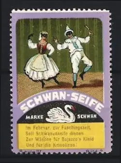 Reklamemarke Schwan-Seife, Bajazzo und Tänzerin, Marke Schwan