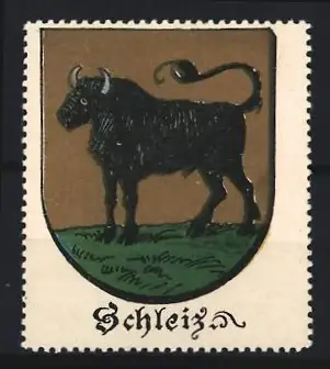 Reklamemarke Schleiz, Wappen, Stier im Wappenschild