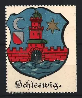 Reklamemarke Schleswig, Wappen, Turm mit Sichelmond und Stern