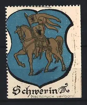 Reklamemarke Schwerin, Wappen, Ritter auf Pferd